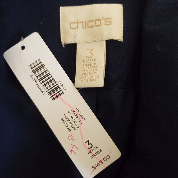 Chico's Military Jacket Size 3P US 16 Petite Navy Blue Gold Piping Hook & Eye‎ - Picture 3 of 12